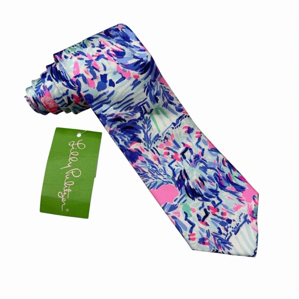 Lilly Pulitzer NEW Tie Naples Beach Floral Palms Pink/Blue Silk 3 3/8